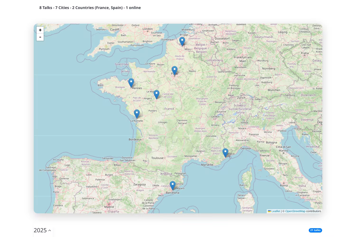 Same page, a bit lower: the 2026 map. Eight talks, seven cities, two countries, one online.