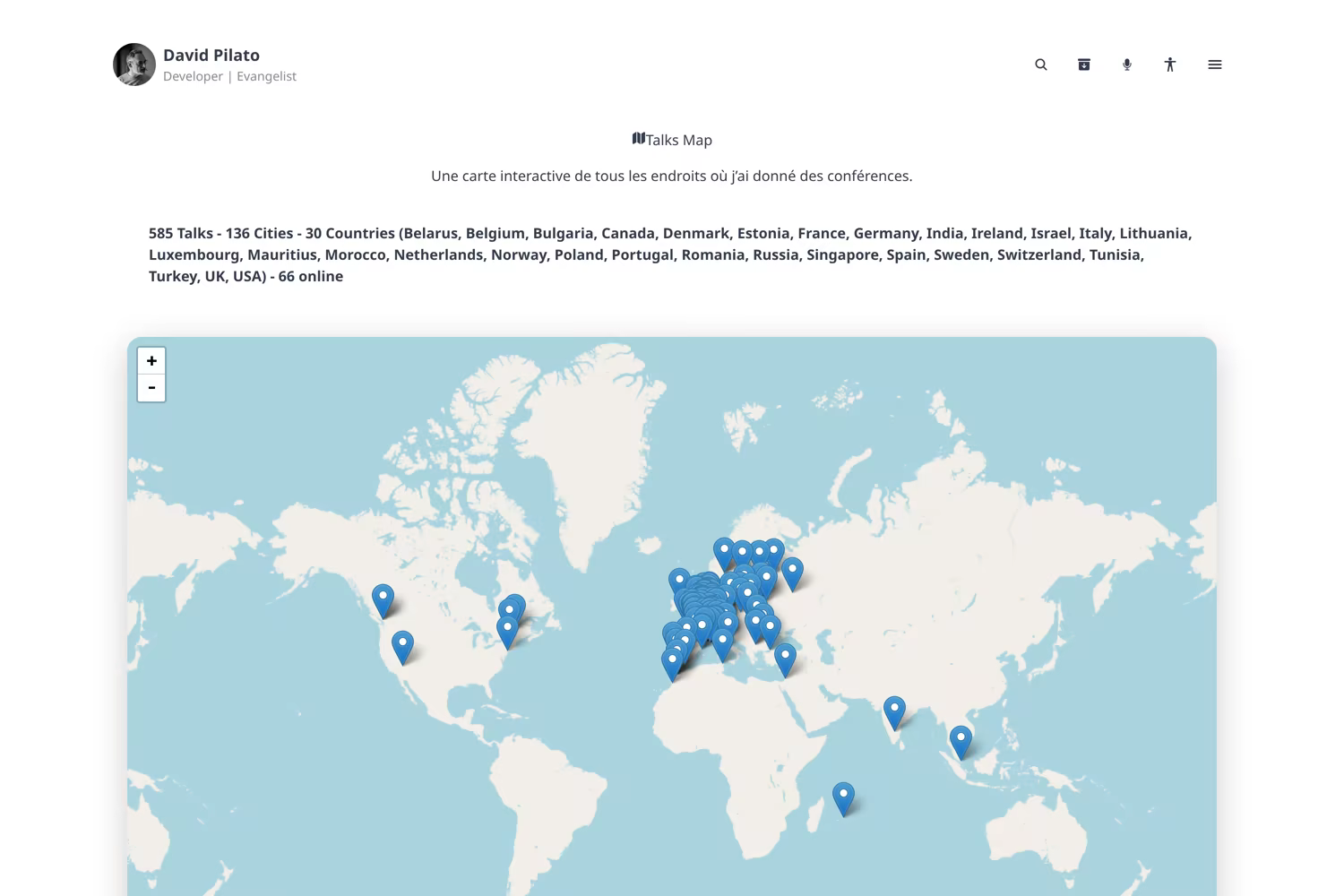 The global talks map at /talks/map: SELECT DISTINCT city and country, with coordinates from the same front matter.