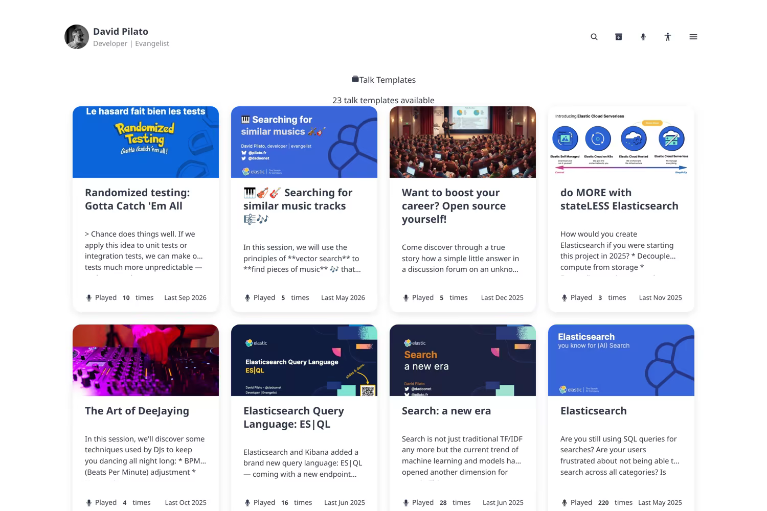 /talks/templates — 23 topics. “Played 220 times” is not a flex, it is a sorting key.