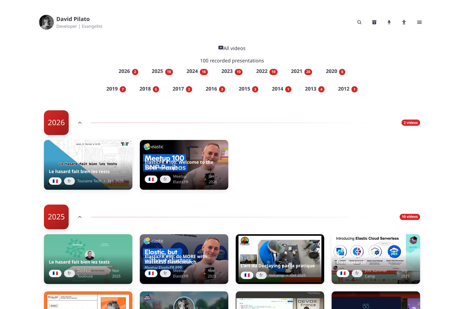 /talks/videos — 100 recordings on this site, grouped by year.