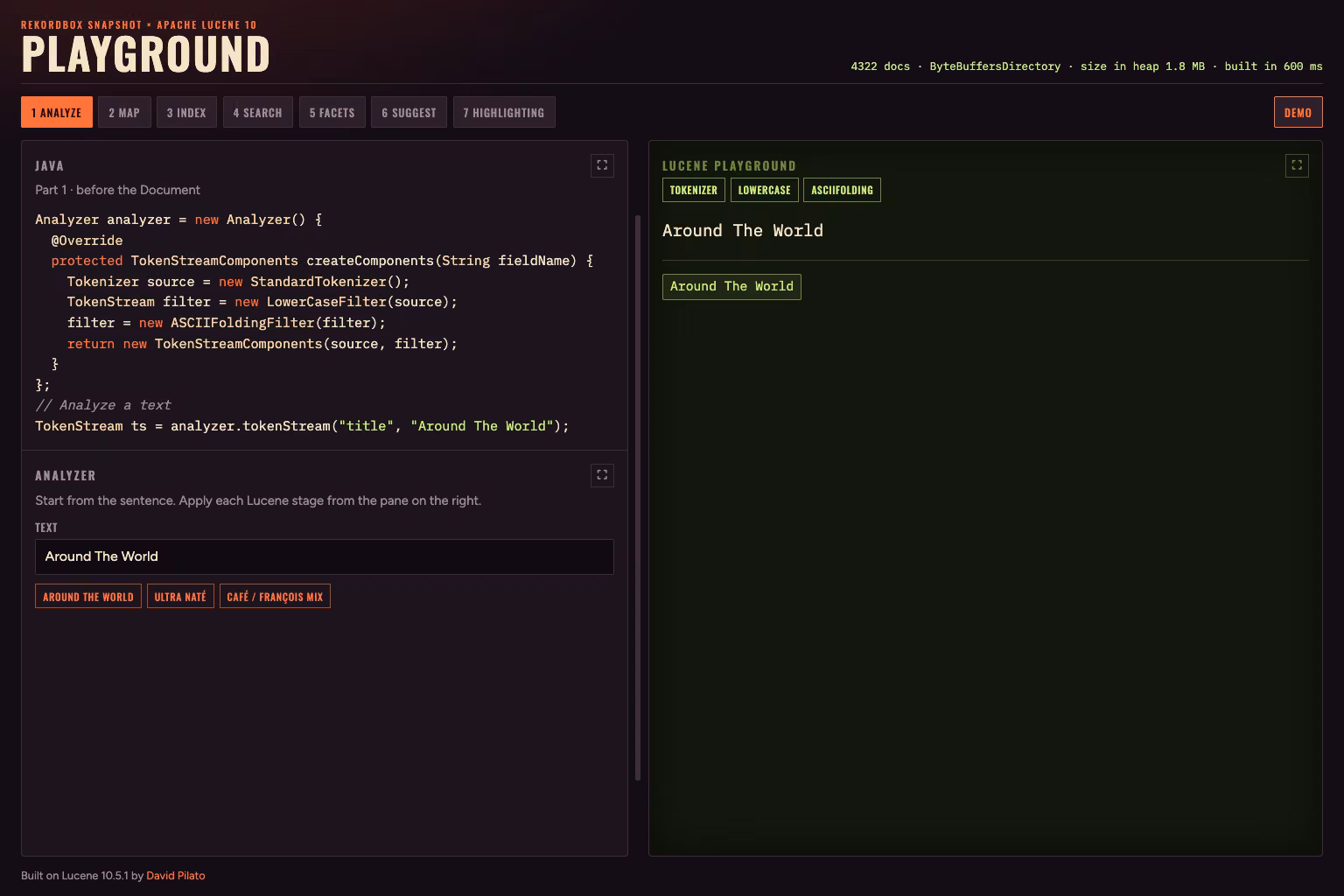 Around The World through StandardTokenizer → LowerCaseFilter → ASCIIFoldingFilter.