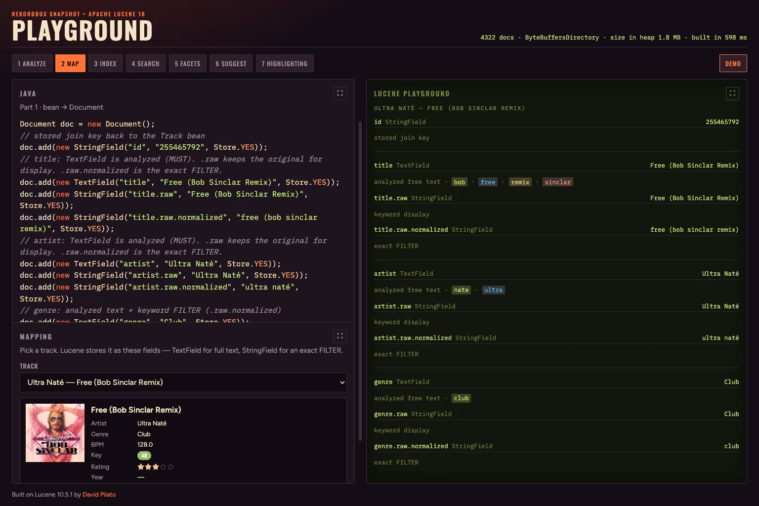 Pick a track; Lucene stores a search-ready Document (TextField / StringField / numerics).