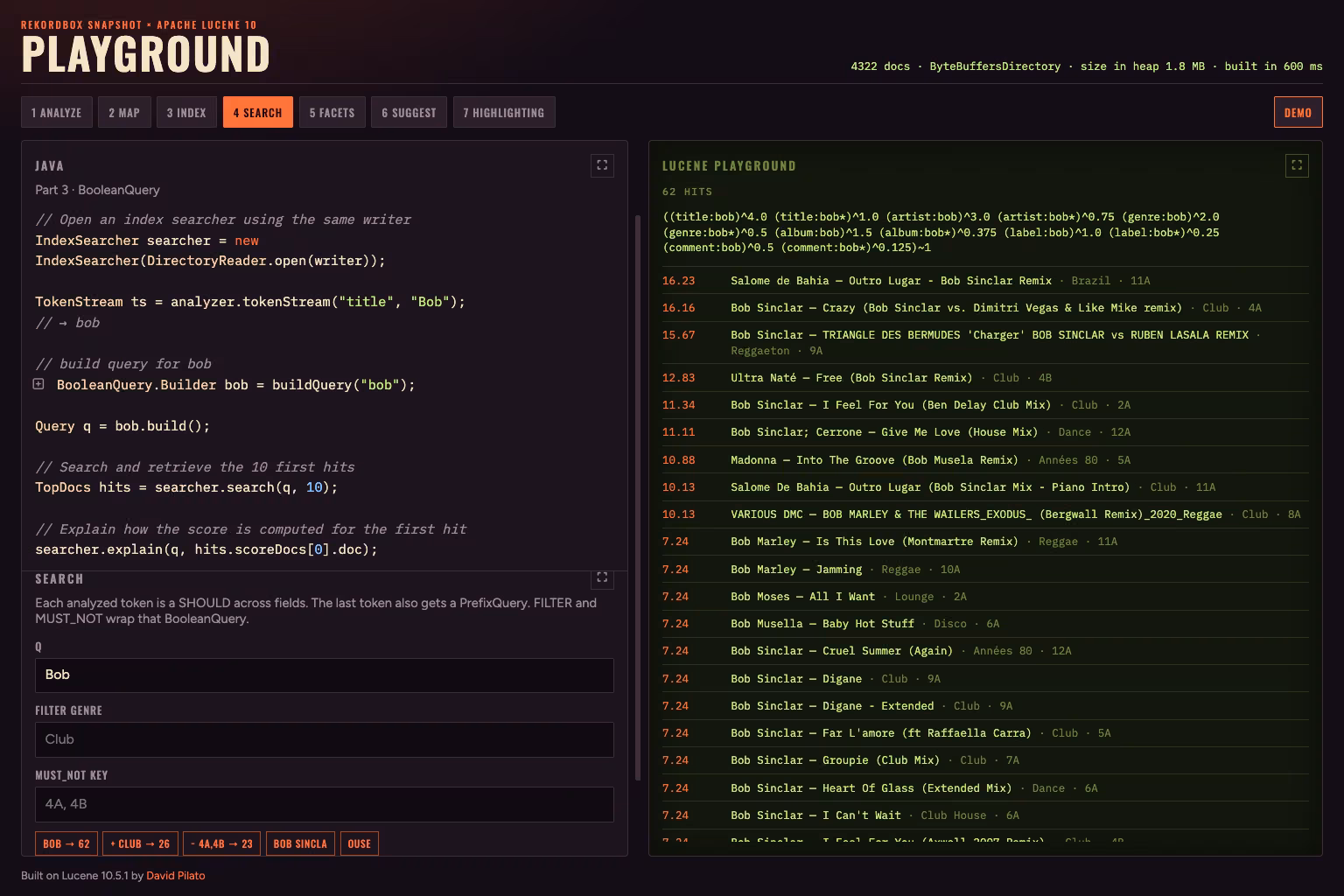 q=Bob → 62 hits. Title boost beats artist; last token also gets a PrefixQuery.